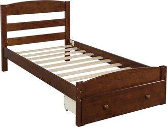 IGEMAN Easy Assemble Twin Wood Platform Bed Frame with Curved Headboard and Casters Drawer for Small Aprtment Dorm Bedroom