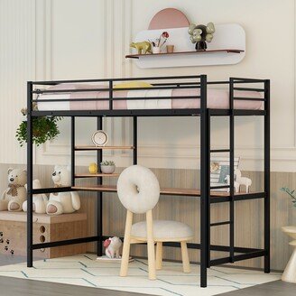 RASOO Twin Size Metal Loft Bed with Desk, Shelves, and Side Safety Rails for Kids, Teens, Bedroom, or Dorm Furniture