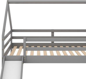 IGEMAN Gray Twin Size Loft Bed Wood Bunk House Bed with Slide and Ladder, 77.4''L*41.7''W*70.9''H, 97LBS