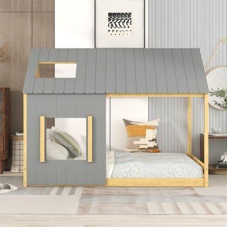 Abrihome Full Size House Bed with Roof and Window,Multi-Color