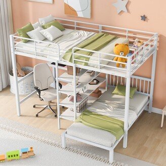 Full Over Twin Metal Bunk Bed with Built-in Desk, Shelves and Ladder