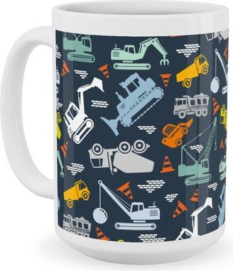 Mugs: Construction Trucks - Multicolor Ceramic Mug, White, 15Oz, Blue