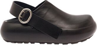 Black Clogs with Ankle Strap in Leather Woman