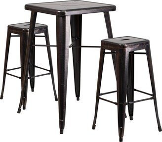 23.75'' Square Metal Indoor-Outdoor Bar Table Set with 2 Square Seat Stools - 27.75W x 27.75D x 40H