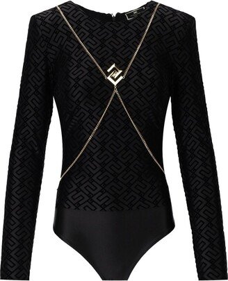 Black Monogram Bodysuit With Jewel