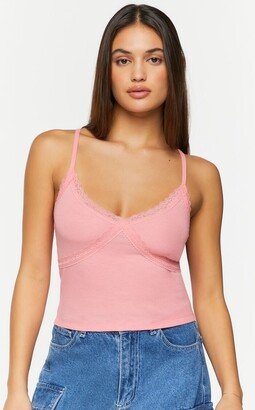 Women's Lace-Trim Cropped Cami in Flamingo Pink Large