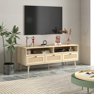 IGEMAN Natural Rattan TV Stand with Solid Wood Legs, TV Console Table