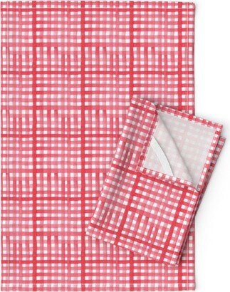 Red Check Tea Towels | Set Of 2 - Watercolor Gingham By Ohsochicdesigns Christmas Barn Linen Cotton Spoonflower