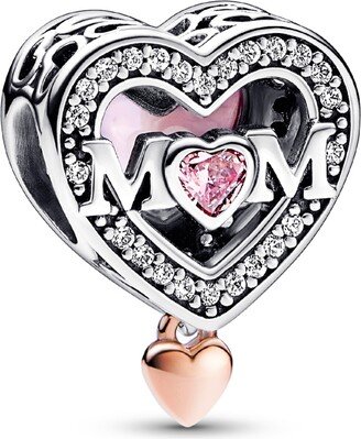 Cubic Zirconia Two-Tone Openwork Mom Heart Charm