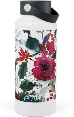 Photo Water Bottles: Holiday Florals Red On White Stainless Steel Wide Mouth Water Bottle, 30Oz, Wide Mouth, Multicolor