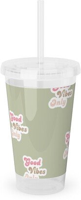 Travel Mugs: Seventies Retro Good Vibes Only Acrylic Tumbler With Straw, 16Oz, Green