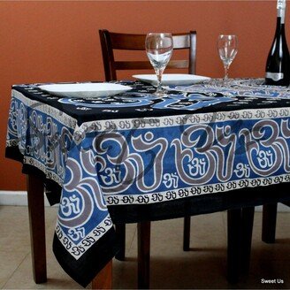 Handmade Mandala Om Print Tablecloth Rectangle Blue Black Brown White for Meditation Yoga