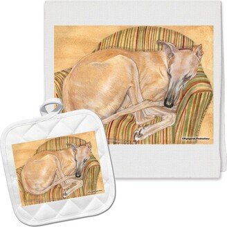 Greyhound Tan Kitchen Dish Towel & Pot Holder Gift Set