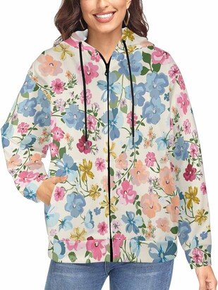 LOSARON Blooming MidS-ummer Meadow Women's Full-Zip Hooded Sweatshirt with Thumb Holes Oversized Sweaters Zipper Drawstring Hooded Jackets M