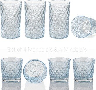 Ice Mindala & Mandala Glass Set Of 8 - Handblown Glassware | Blown Tumblers Colorful Drinkware Cocktail Glasses Wedding Decor