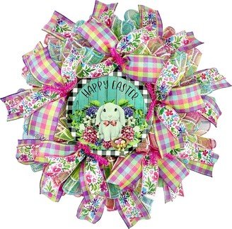 Spring Wreath With Bunny, Plaid Pastel Fuzzy Deco Mesh, Easter Decorations For Front Door Outside