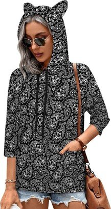 MENRIAOV Black White Paisley Womens Cute Hoodies with Cat Ears Sweatshirt Pullover with Pockets Shirt Top 4XL