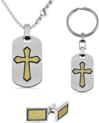 Men's Diamond-Cut Cross Dog Tag Pendant, Key Ring and Cuff Links Set in Tri-Tone Stainless Steel