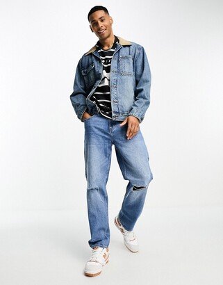 sunset denim trucker jacket with cord collar in blue wash