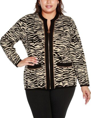 Black Label Plus Size Zebra Jacquard Sweater Jacket - Black, Cream, Gold