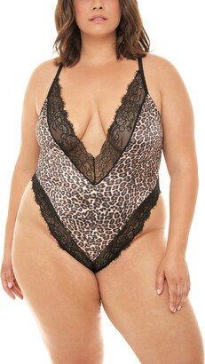 Plus Size Jolene Leopard Print Satin Teddy with Plunging Neckline - Leopard, Black