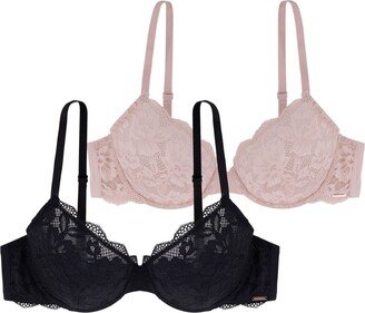 Women's Rosa 2 Piece Non Padded Lace Demi Bra Set, D001682LA084-2X0223 - Black, Pink