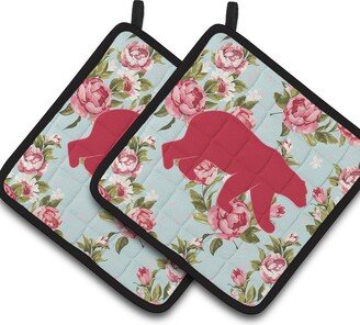 Bear Shabby Chic Blue Roses Pair of Pot Holders