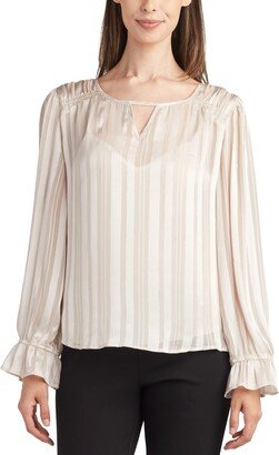 Juniors' Shimmering Ruched-Shoulder Long-Sleeve Keyhole Top