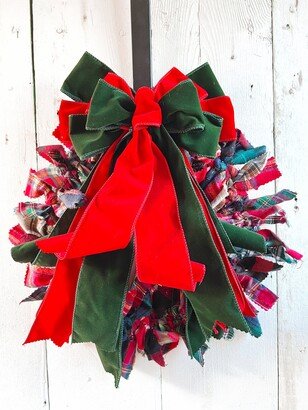 Tartan Rag Wreath, Christmas Decor, Farmhouse Wreath, 12 Inch Winter Plaid Year Round Front Door Wreath