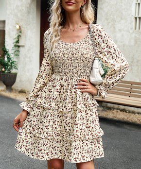 Beige & Burgundy Ditsy Floral Poet-Sleeve V-Neck Dress - Women