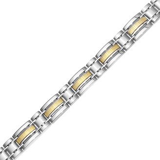 Men's Three Row Textured Inlay Link Bracelet in Stainless Steel and 14K Gold - 8.5