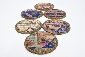 Kilim Coaster, Round Rug Blue Ethnic Hand Crafted Pad, Unique Traditional