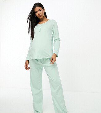 ASOS DESIGN Maternity Exclusive mix & match cotton long sleeve nursing Henley pajama top in sage