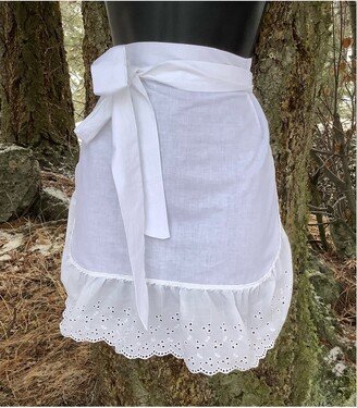 20 White Apron With Eyelet Ruffles, Adult Fabric Apron, Old Fashioned For Ladies, Solid Woman, Mrs Santa