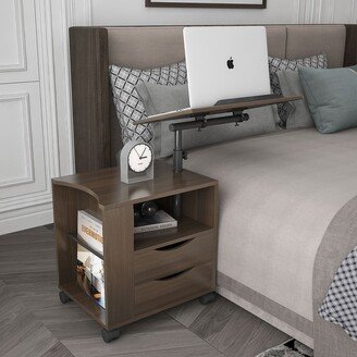 TOSWIN Height Adjustable Overbed End Table Wooden Nightstand With Swivel Top, Storage Drawers, Wheels and Open Shelf,