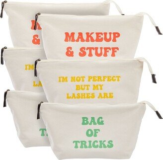 Glamlily 6 Pack Small Canvas Makeup Bags with Zipper for Women, 3 Designs (White, 8 x 4 x 6 In)