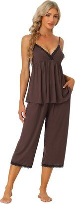 cheibear Women Sleepwear Modal V-Neck Camiole with Capri Pant Pajama Set Brown X Large