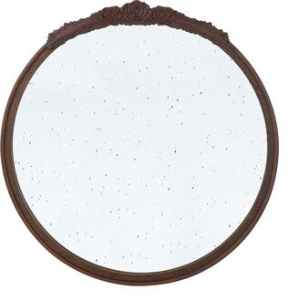 Eel 30 Inch Round Wall Mirror, Brown Wood Frame, Hand Carved Rose Accent