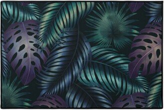 Door Mats: Tropical Leaves In The Moonlight - Dark Door Mat, Blue