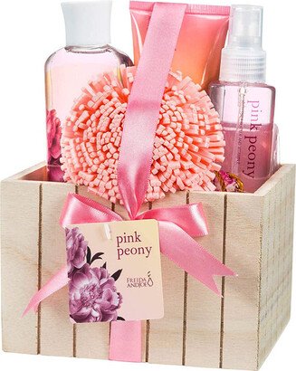 Freida and Joe Pink Peony Fragrance Bath & Body Spa Gift Set in Natural Wood Plant Box