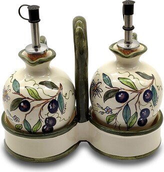 Italian Ceramic Olive Oil Vinigar Dispenser Bottles - Hand Painted Cruest Design Made in Italy Tuscany Pottery