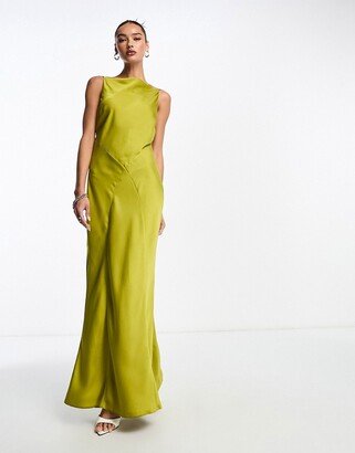 satin racer neck maxi dress with cowl back detail in olive green