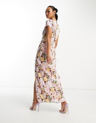 button side detail satin midi tea dress in bold floral print