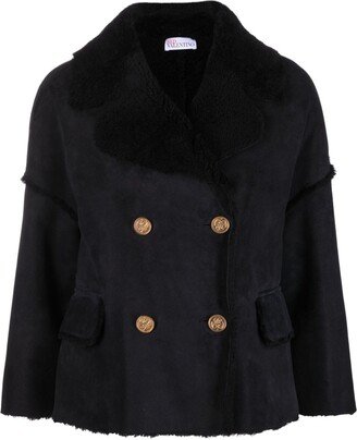 Contrast-Button Leather Peacoat