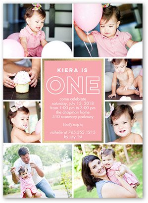 Baby Girl's 1St Birthday Invitations: Modern Wishes Girl Birthday Invitation, Pink, Luxe Double-Thick Cardstock, Square