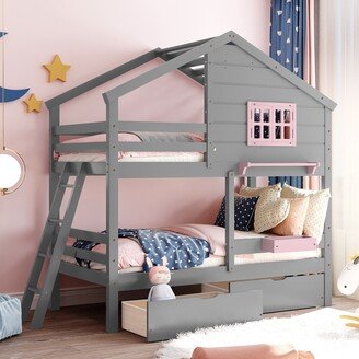 IGEMAN Twin Over Twin Wooden House Bunk Bed with 2 Drawers, 1 Storage Box, 1 Shelf, Window & Roof, Space-Saving/No Box Spring Needed