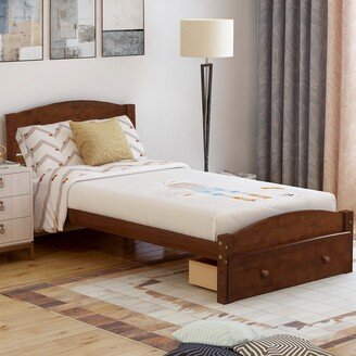 Calnod Walnut Platform Twin Bed Frame with Storage Drawer and Solid Wood Slat Support - No Box Spring Needed