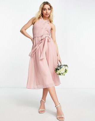 Bridesmaid cross over halter neck dress in pink