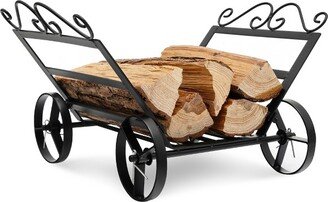 Firewood Storage Rack Steel Fireplace Log Holder w/ Wheels