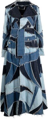 Denim-Patchwork Double-Breasted Coat